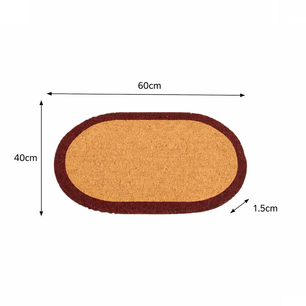 Natural Oval Coir Door Mat with a Wine Red Border